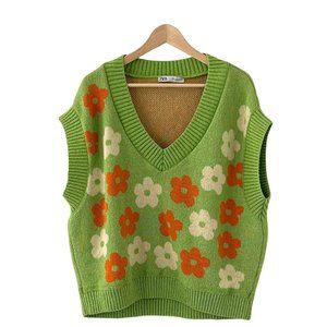 Zara V-Neck Oversized Floral Print Knit Vest